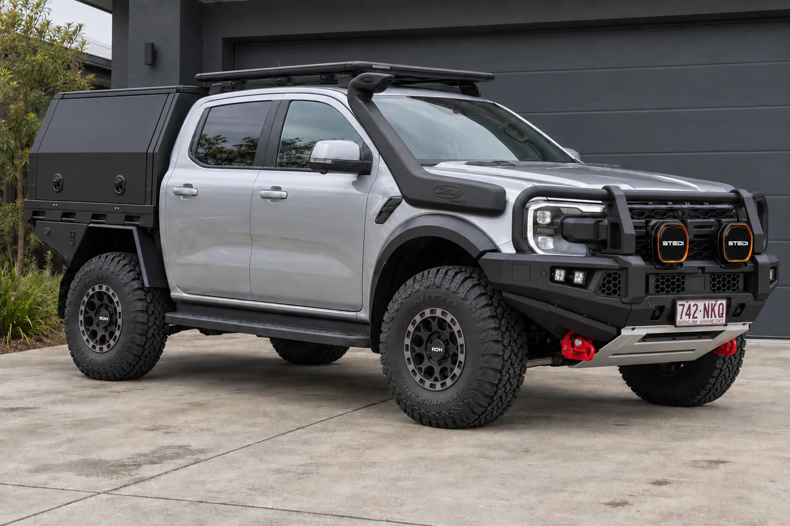 Silver Ford Ranger Raptor visual concept with Atlas wheels, Ridge Grappler tyres, MITS canopy, APEX bar, STEDI lights, Rhino rack and Safari snorkel