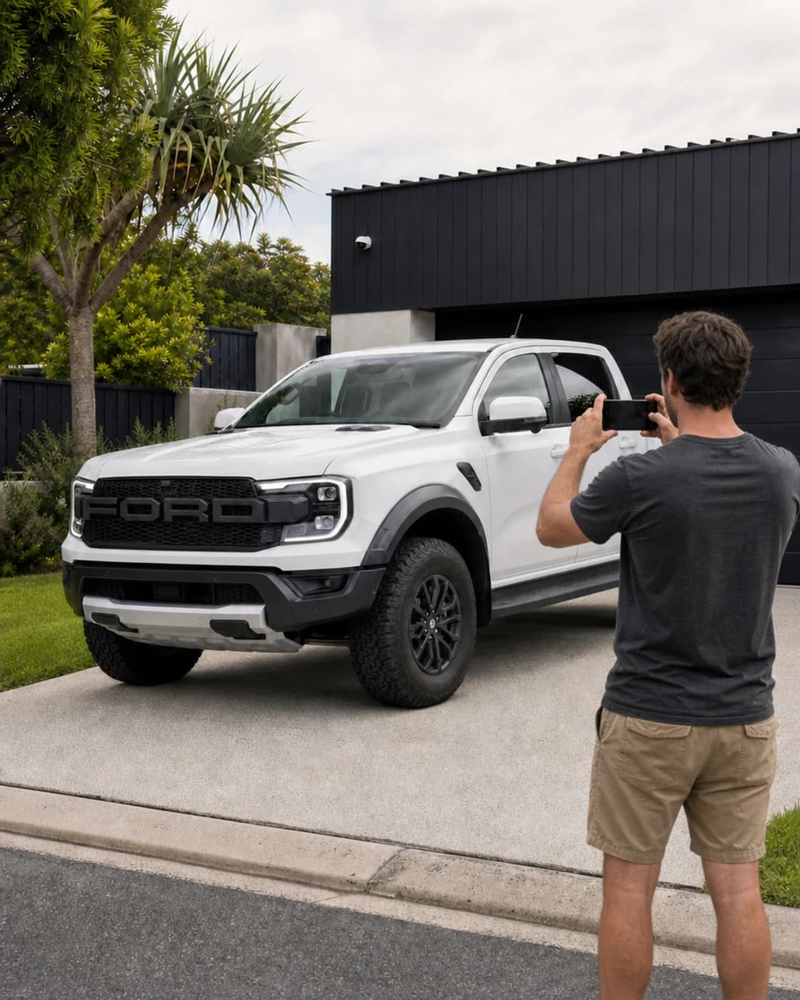 Owner taking a phone photo of a stock white Ford Ranger Raptor