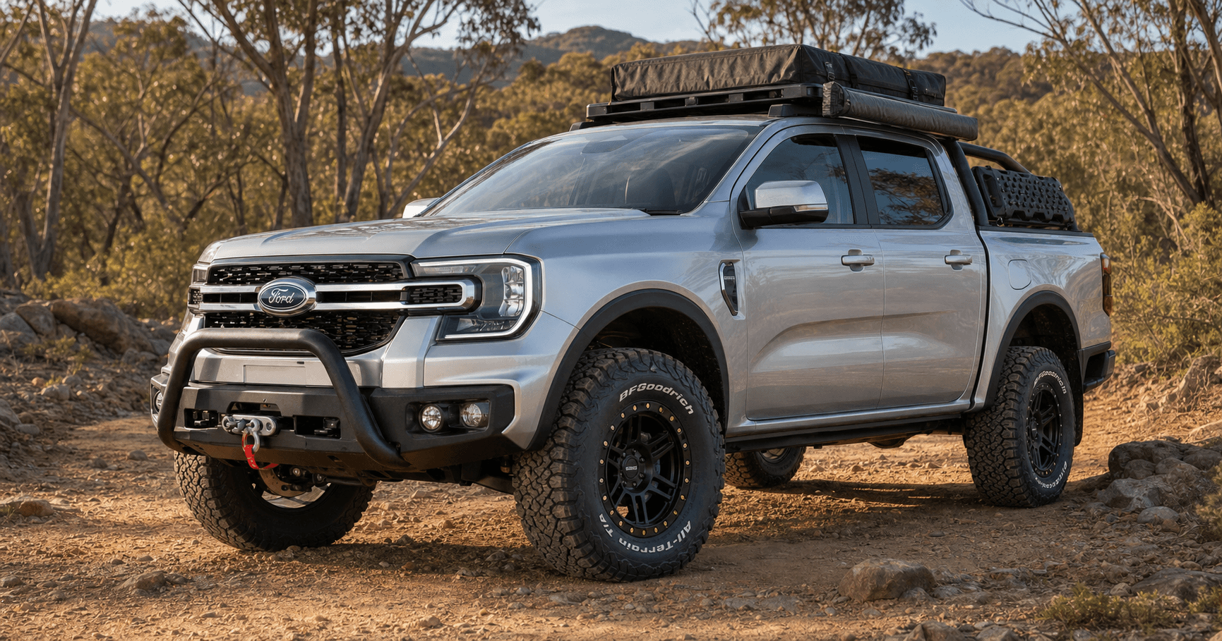 Silver Next-Gen Ford Ranger fitted with BFGoodrich All-Terrain T/A KO3 tyres on black off-road wheels