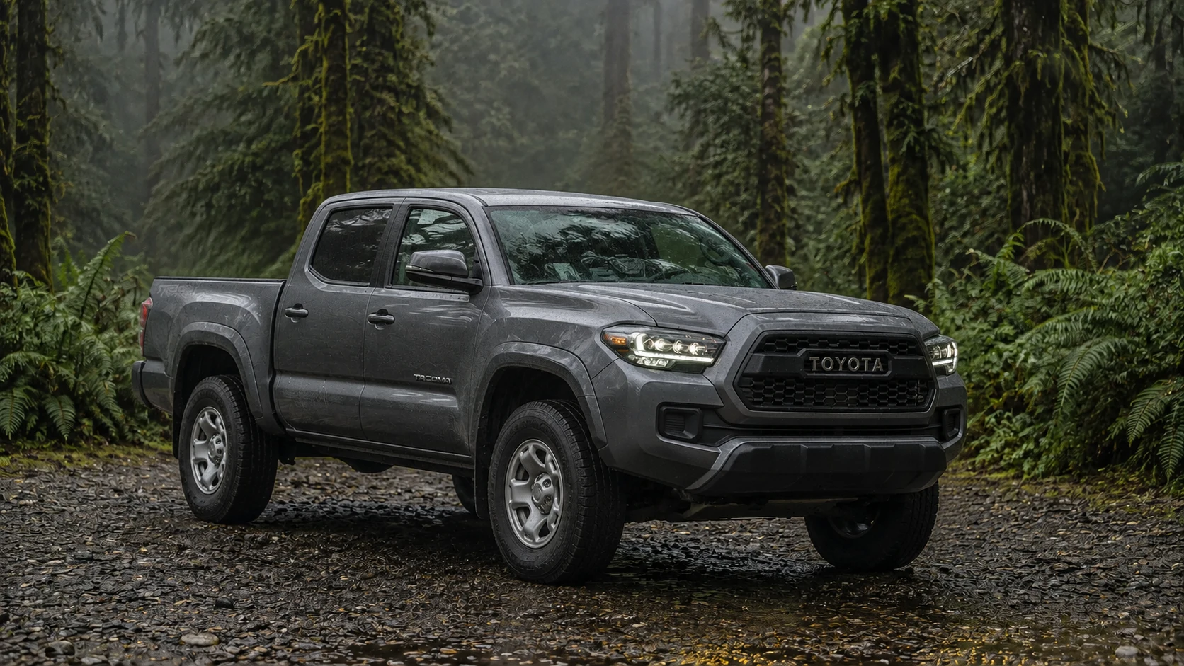 Stock grey Toyota Tacoma parked in a rainy rainforest