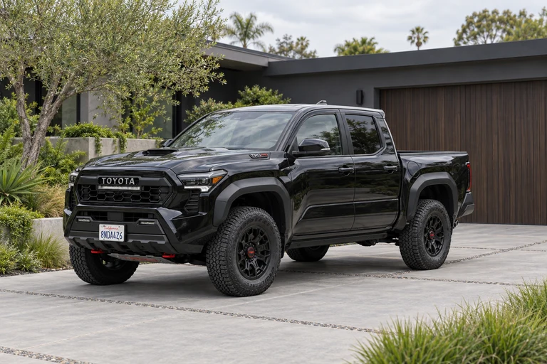 Example: front 3/4 photo of a black Toyota Tacoma on a driveway