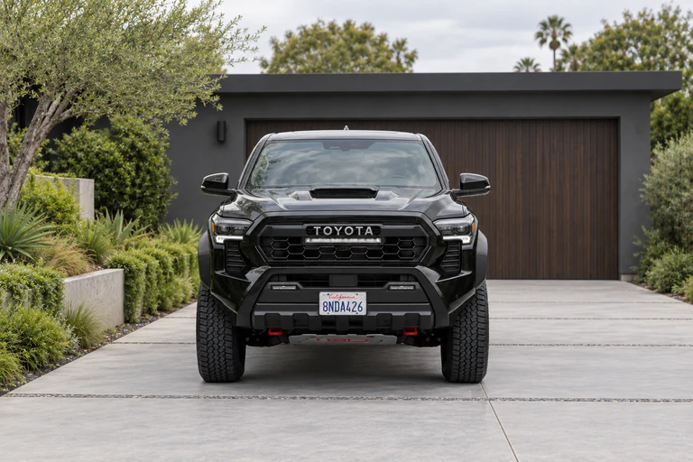 Example: front on photo of a black Toyota Tacoma on a driveway