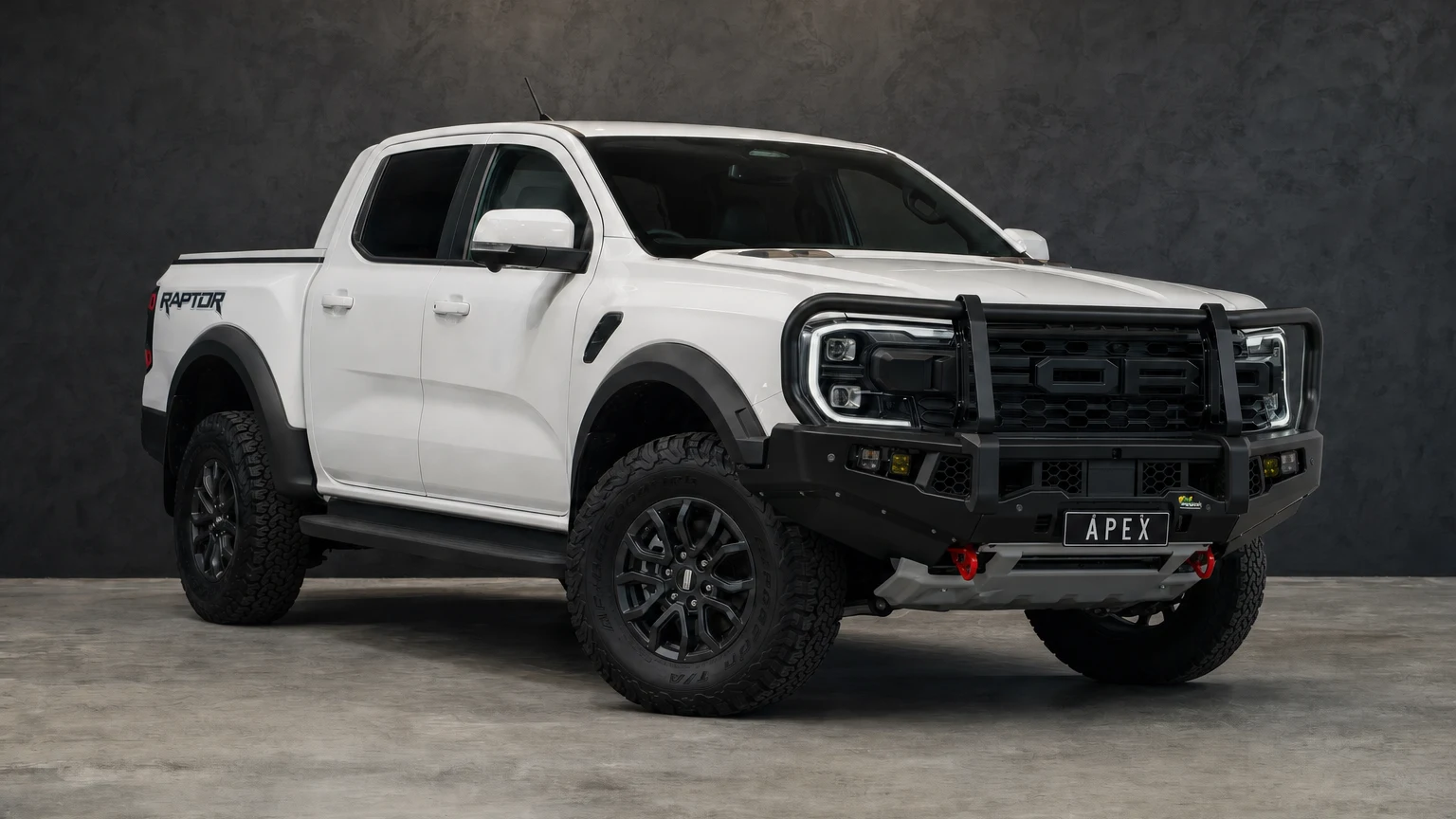 Ford Ranger Raptor fitted with a black Ironman 4x4 Apex bull bar