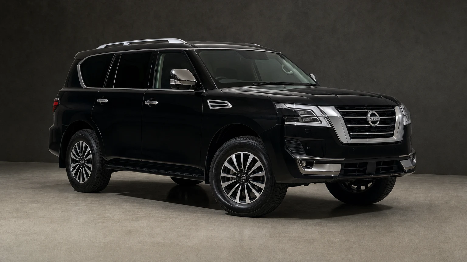 Stock black Nissan Patrol Y62 with factory roof rails