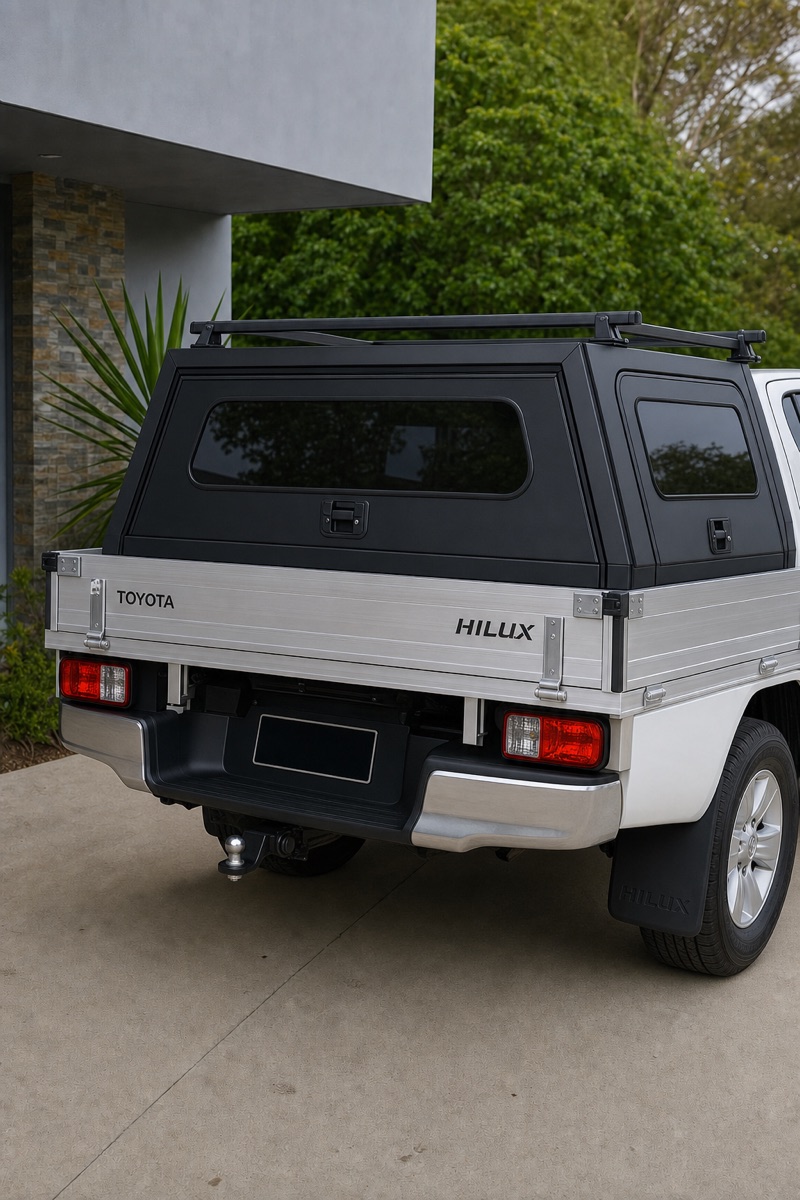 Toyota Hilux with an aluminium tray, canopy and roof rack